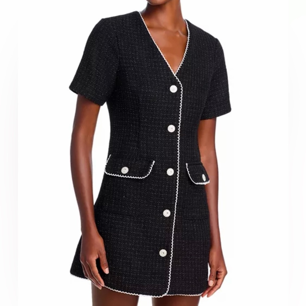 🆕 AQUA Black Tweed Lace Trim Button Front Dress Bloomingdale’s Office Size M